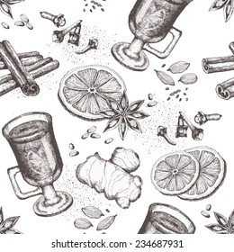 Seamless background with mulled wine and spices. Hand-drawn vector illustration