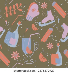 seamless background with mulled wine, wine, spices, cinnamon, cloves, skates, warm mittens - festive beverage background