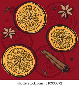 Seamless background with mulled wine and spices. Hand-drawn vector illustration. Pattern for greeting cards, scrapbooking, print, gift wrap, manufacturing, fabric.
