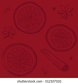 Seamless background with mulled wine and spices. Hand-drawn vector illustration. Pattern for greeting cards, scrapbooking, print, gift wrap, manufacturing, fabric.