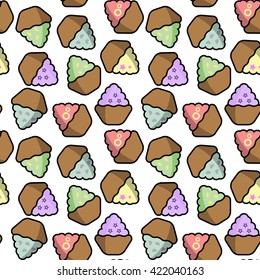 Seamless background with multicolor cupcakes. Endless food pattern with cakes. Vector texture