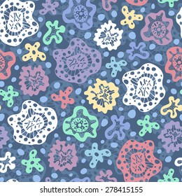 Seamless background with multicolored abstract shapes and blue circles 