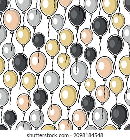 Seamless background with multicolored balloons in children's flat style with black outline, the concept of a holiday, birthday. Vector illustration