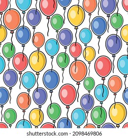 El fondo es impecable con globos multicolores en el estilo plano de los niños con contorno negro, el concepto de vacaciones, cumpleaños. Ilustración del vector