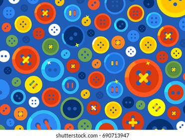 Seamless background multicolored buttons, needle and thread. Best for wrapping paper, textiles, wallpapers.