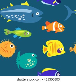 Seamless background with a multi-colored cute marine fish