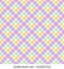 Seamless background with multicolored floral patterns on purple background.