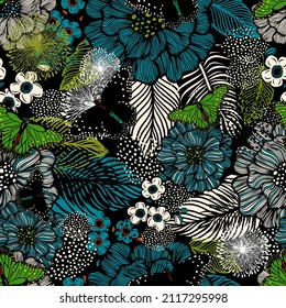 Seamless background from multicolored flowers and butterflies. Vector illustration