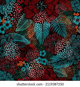 Seamless background from multicolored flowers and butterflies. Vector illustration