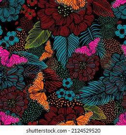 Seamless background from multicolored flowers and butterflies. Vector illustration