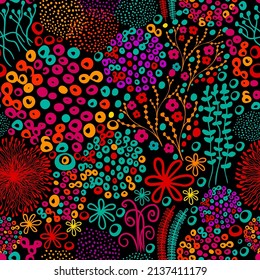 Seamless background from multicolored flowers and butterflies. Beautiful pattern of small beautiful flowers and twigs . Vector illustration