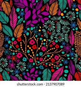 Seamless background from multicolored flowers and butterflies. Beautiful pattern of small beautiful flowers and twigs . Vector illustration