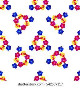 Seamless background with multicolored flowers, triangular shape on white background