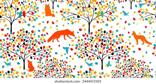 Fondo inconsútil bosque multicolor con animales. Ilustración vectorial