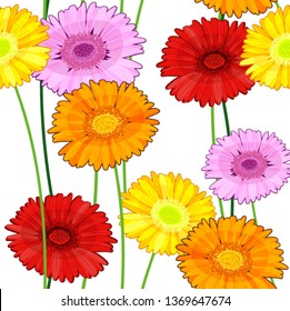 Seamless background of multicolored gerbera flowers with stems on white background