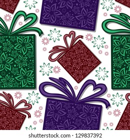 seamless background from multicolored gift boxes and flowers