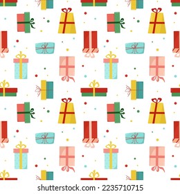 Seamless background with multicolored gift boxes with bows on a white background. Gift for Valentine's Day, Birthday, Christmas, New Year. Vector design for greeting cards, wrapping paper, fabric