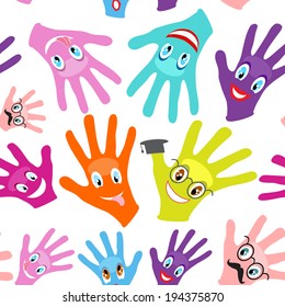 Seamless background multicolored hands with smiles isolated in white. 