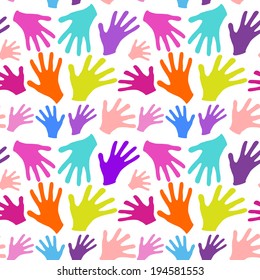 Seamless background multicolored hands with smiles isolated in white. Vector EPS10.