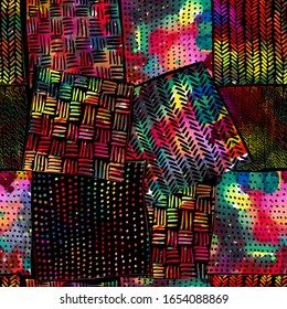 A seamless background from multicolored hatching. Country square patchwork fabric. Patchwork . Mixed media. vector illustration