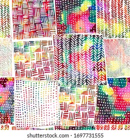 A seamless background from multicolored hatching. Country square patchwork fabric. Patchwork. Mixed media. vector illustration