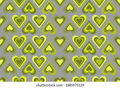 Nahtloser Hintergrund von mehrfarbigen Herzen. Feierliches Muster zum Valentinstag, Hochzeit, Geburtstag in trendigen Gelb- und Graufarben. Vektorgrafik für Kartendesign, Hintergrund, Verpackung.