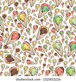 Seamless background of multicolored ice cream cones. Endless pattern with colorful ice cream for your design. 
