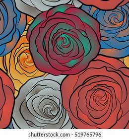 Seamless background in multicolored roses. Vector seamless background with colored spots.