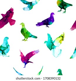 A seamless background multi-colored silhouette of pigeons. Mixed media. Vector illustration