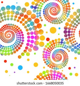 The seamless background is a multicolored spiral of dots. Mixed media. Vector illustration