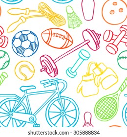 Seamless background with multicolored sport equipment. hand-drawn illustration