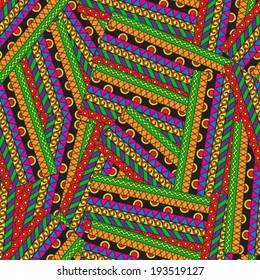 Seamless background with multi-colored stripes and abstract ethnic patterns 