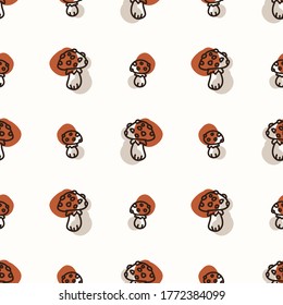 Seamless background mushroom gender neutral baby pattern. Simple whimsical minimal earthy 2 tone color. Kids nursery wallpaper or boho cartoon animal fashion all over print.