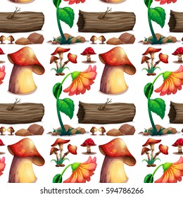 Seamless background with mushroom and logs illustration