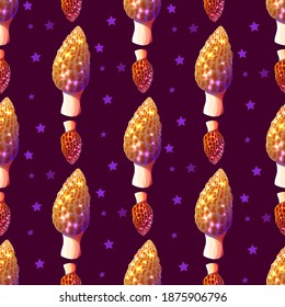 Seamless background with mushrooms. Beautiful colored solitary mushrooms on a dark burgundy background. Morels and stars.