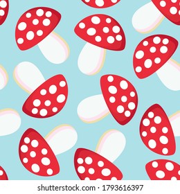 seamless background of mushrooms in cartoon style - pattern with fly agaric on a blue background