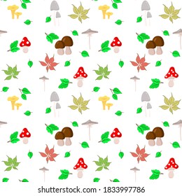 Seamless background with mushrooms and leaves. Autumn vector background for design, packaging, fabric, template.