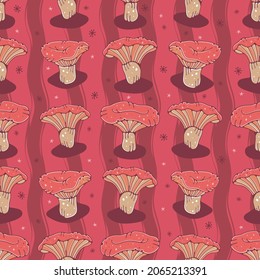 Seamless background with mushrooms. Mushrooms seamless pattern in red colors. Cute vector illustration.
