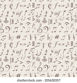 Seamless background with music notes and signs hand-drawn in sketchy style. 