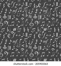 Seamless background with music notes and signs hand-drawn in sketchy style. 