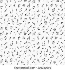 Seamless background with music notes and signs hand-drawn in sketchy style. 
