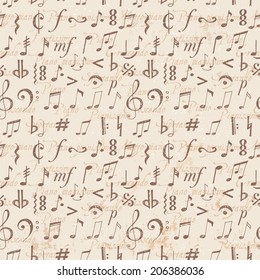 Seamless background with music notes and signs hand-drawn in sketchy style. Includes Italian instructions for playing quietly through to loud in the background