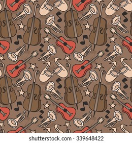 seamless background with musical instruments, jazz or blues music, vector illustration