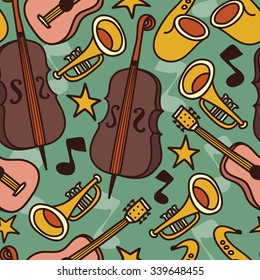 seamless background with musical instruments, jazz or blues music, vector illustration