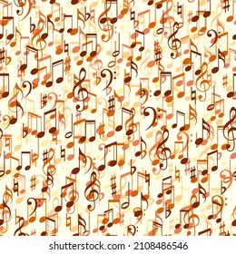 Nahtloser Hintergrund mit musikalischen Zeichen (Noten von unterschiedlicher Dauer, Bass und Dreifach).
