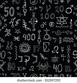 Seamless background with mystic symbols on black. Vector illustration with hand drawn elements