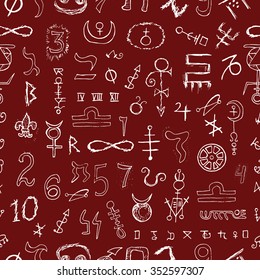 Seamless background with mystic symbols on red. Hand drawn vector illustration. 