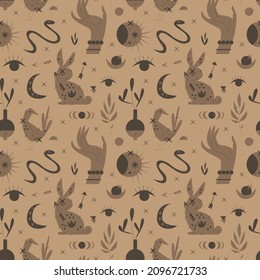 Seamless background with mystical elements. Serpent, constellations, plants and fortune-teller's hands. Fortune telling on cards, mysticism, tarot, magic.