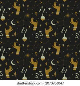 El fondo es impecable. Patrón místico con manos doradas, estrellas, plantas y serpientes. Magia, adivinanzas, misticismo en negro y oro. Ilustración vectorial en un estilo mínimo