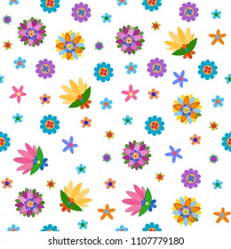 Seamless background with naive style colorful flowers 